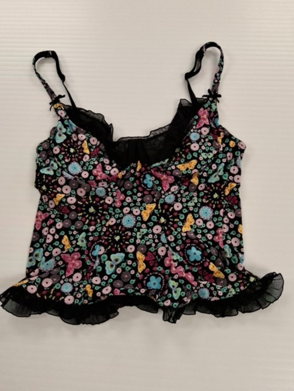 Wildfox Black Floral & Butterfly Ruffle Cami